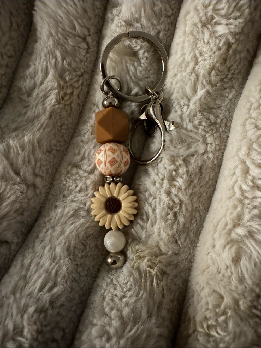 Handmade Sunflower Bead Keychain - Cream and Tan